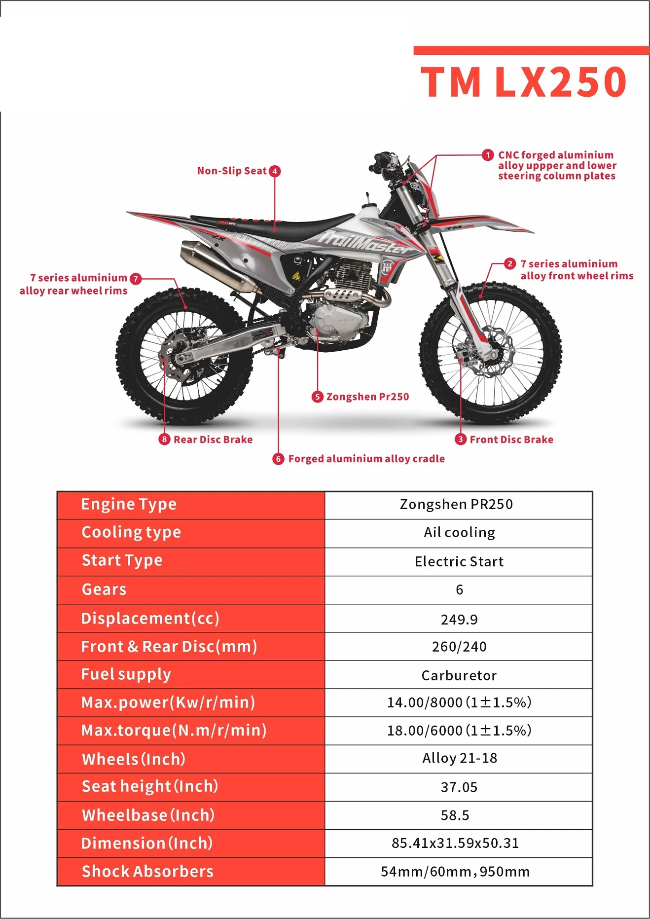 TrailMaster LX250 Dirt Bike, 6-Speed Manual, Dual Disc Brakes, Electric Start with Kick backup, (21/18) Wheels - Image 18
